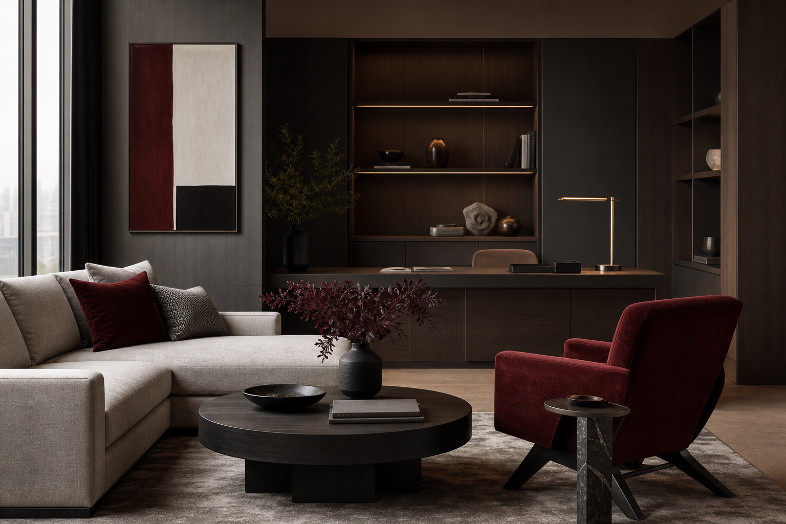Custom furniture vignette with sofa, accent chair and dark wood cabinetry