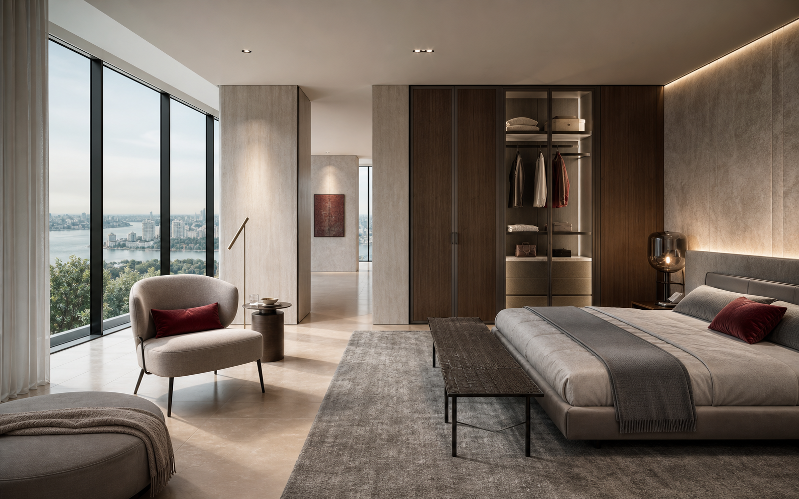Elegant residential bedroom interior with custom wardrobe and warm modern detailing