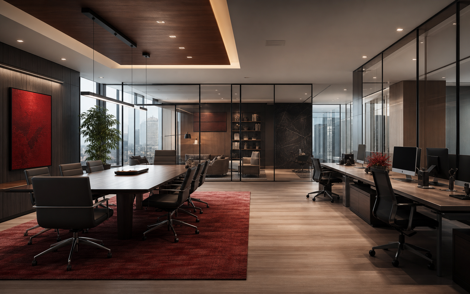 Modern corporate office interior with executive meeting zone and custom workstations