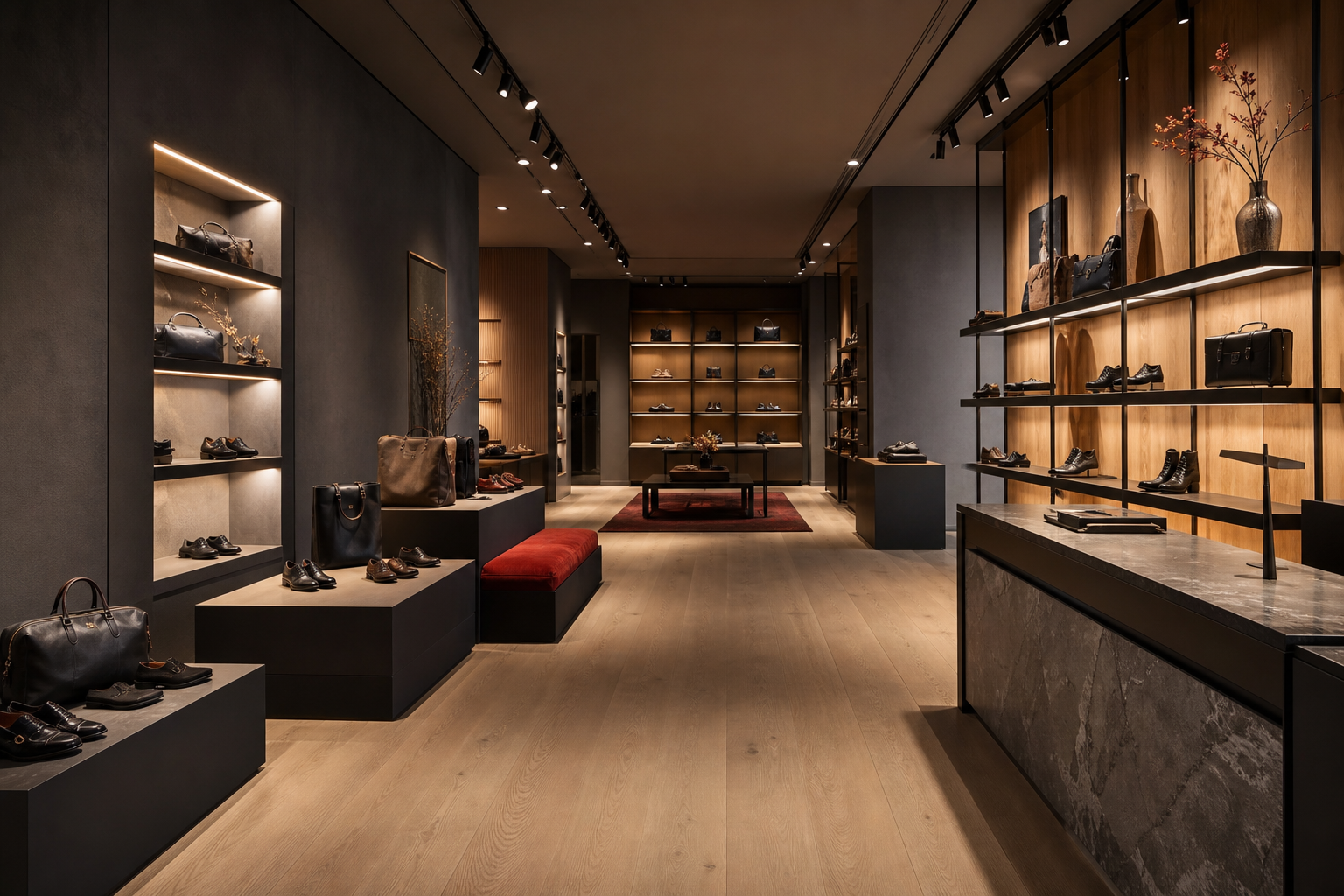 Boutique retail showroom interior with curated display shelving