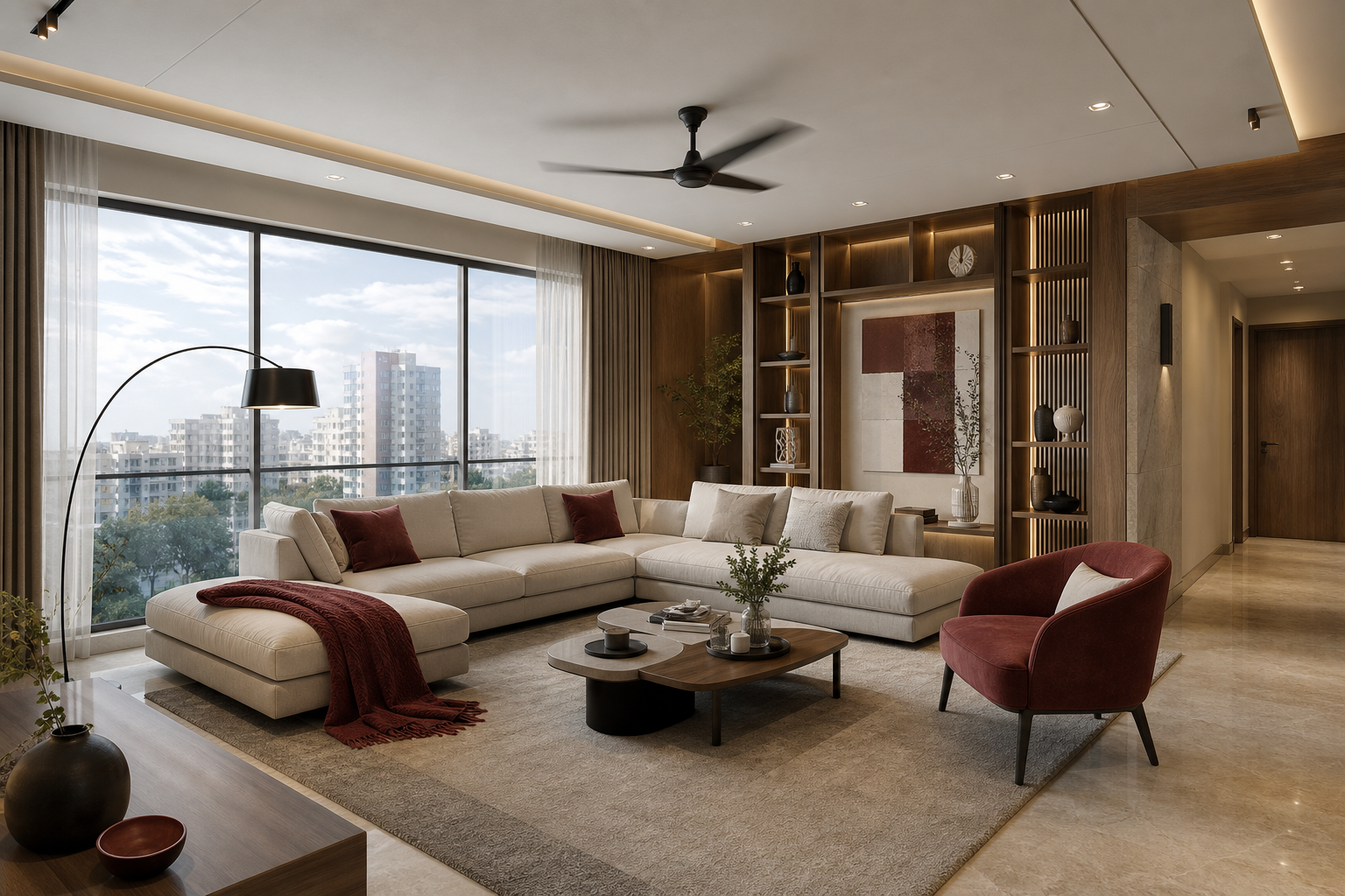 Contemporary apartment interior with premium living room styling