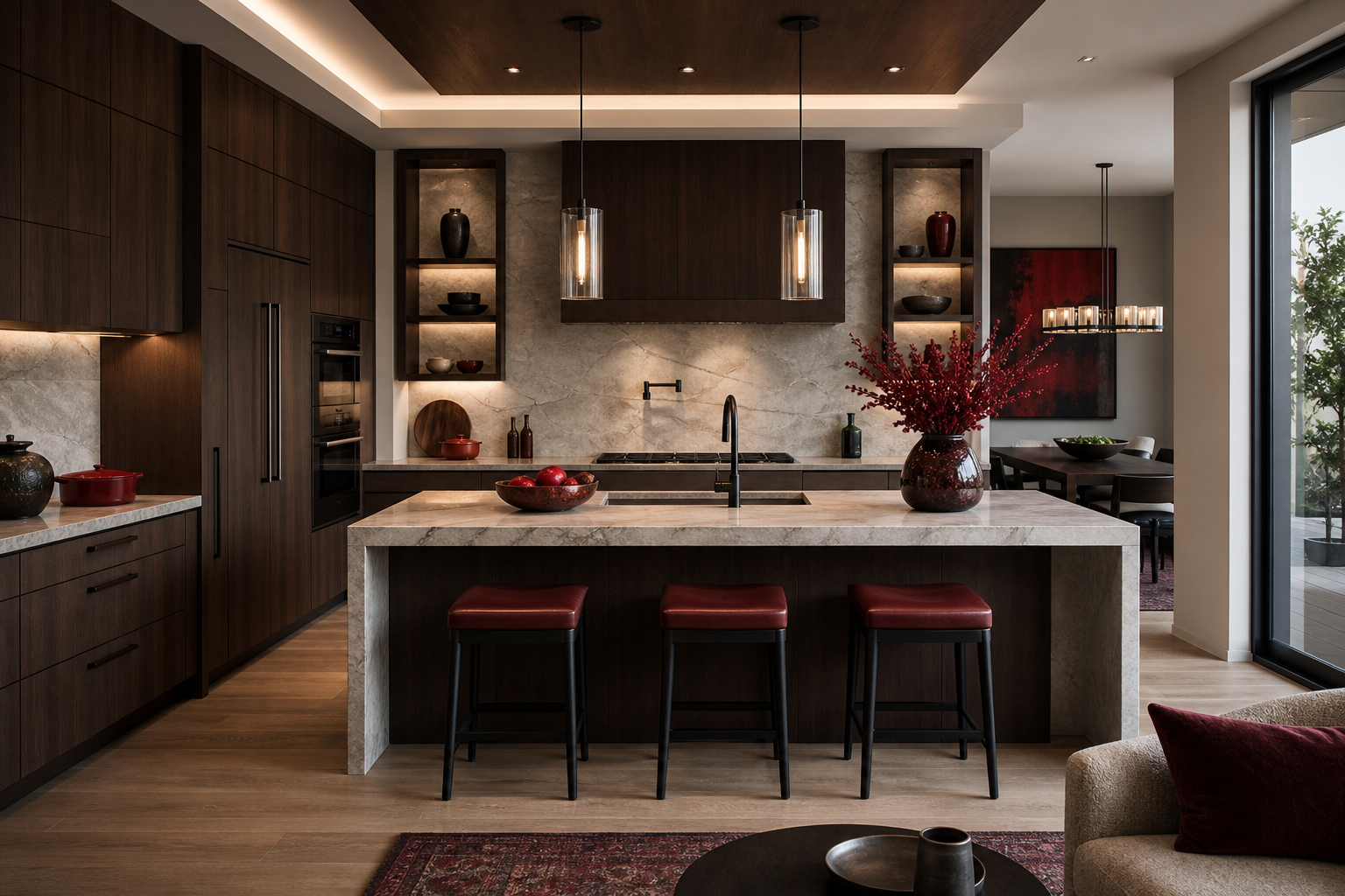 Custom kitchen project with island seating and warm cabinetry