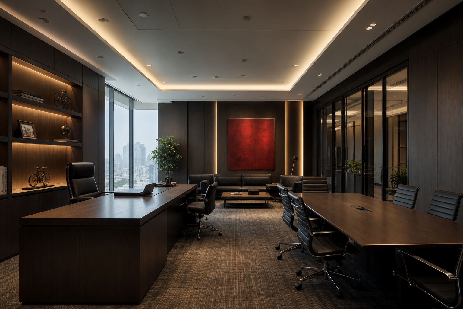 Executive office interior with meeting table and dark wood finishes