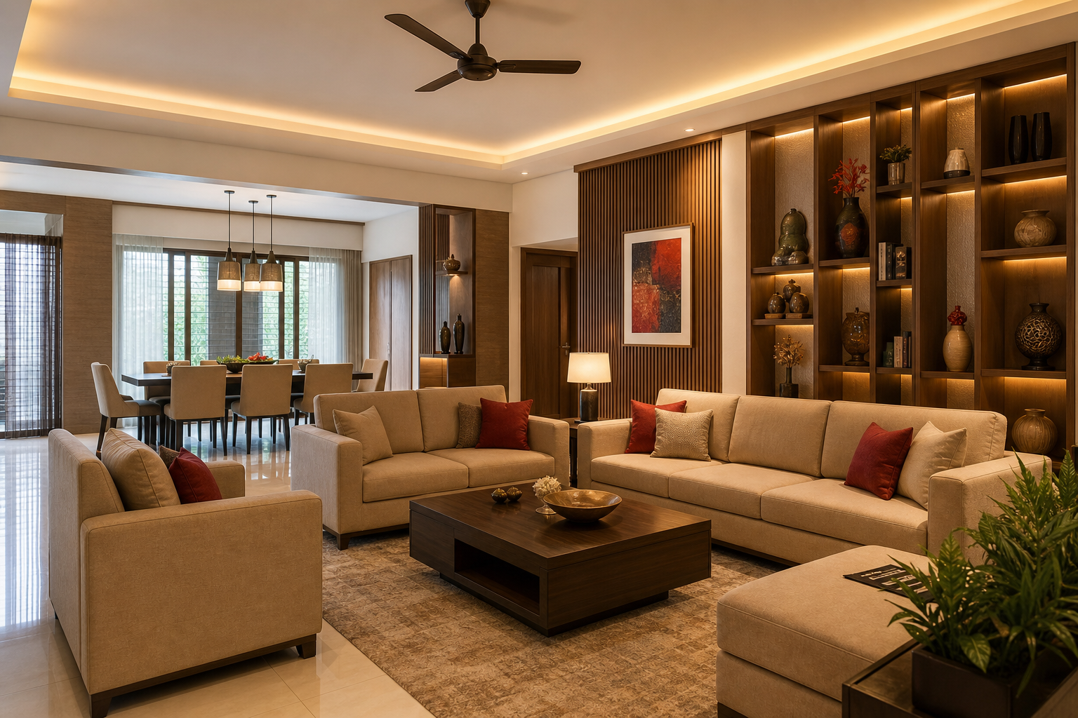 Modern family residence interior with lounge and dining area