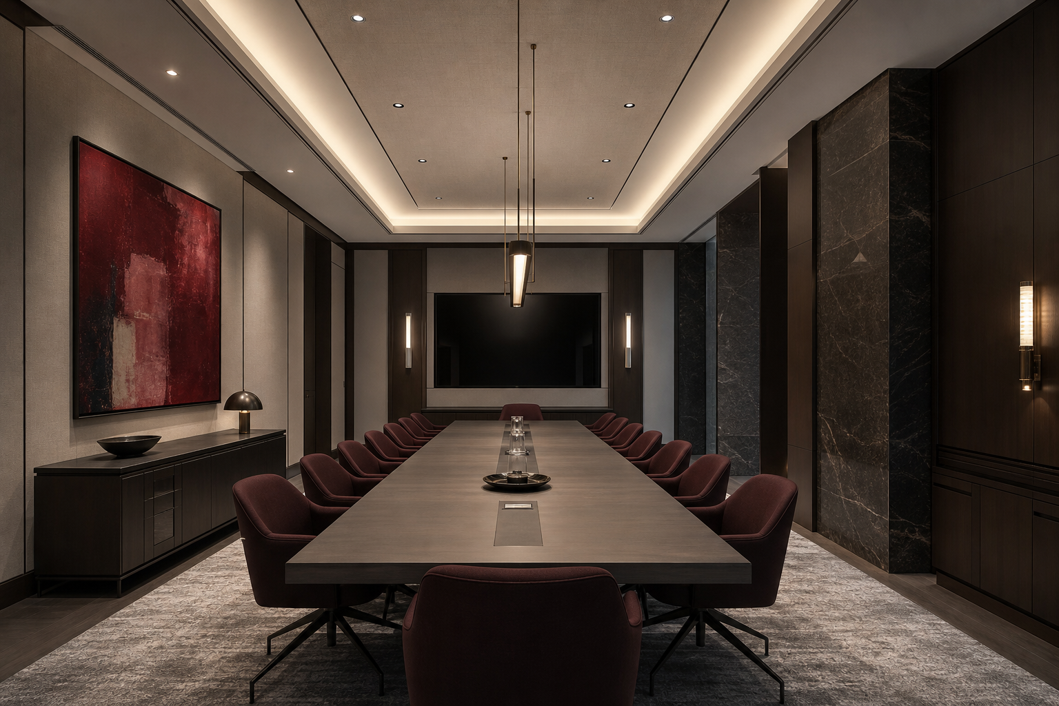 Corporate meeting suite with long boardroom table and acoustic wall finishes