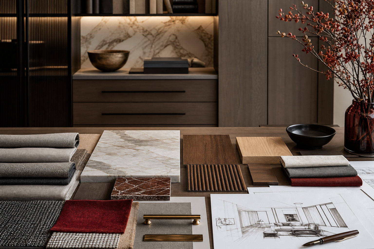 Interior design material board with fabric, stone and wood selections